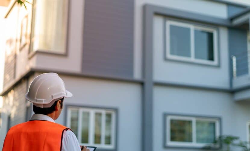 Image of surveyor looking at building