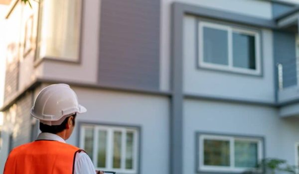 Image of surveyor looking at building